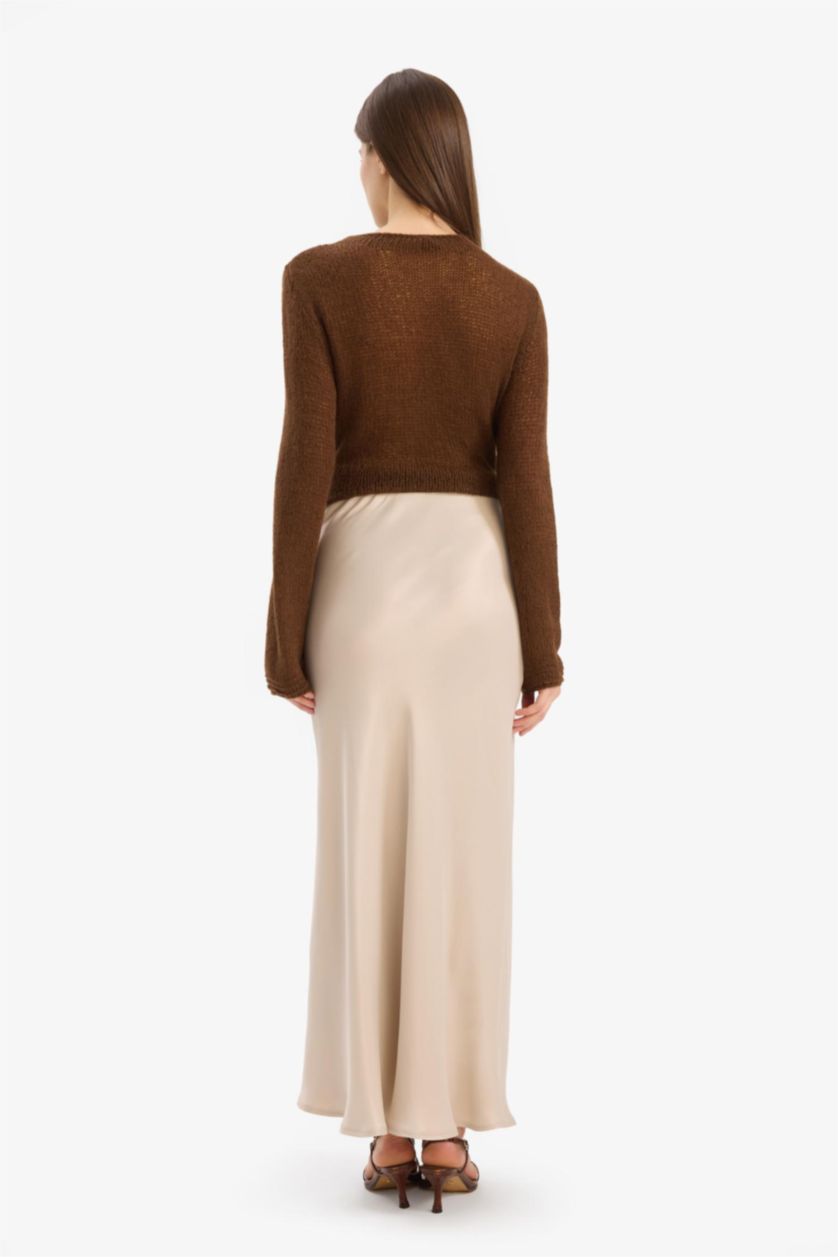 Kadın Bej A Kesim Normal Bel Saten Midi Etek