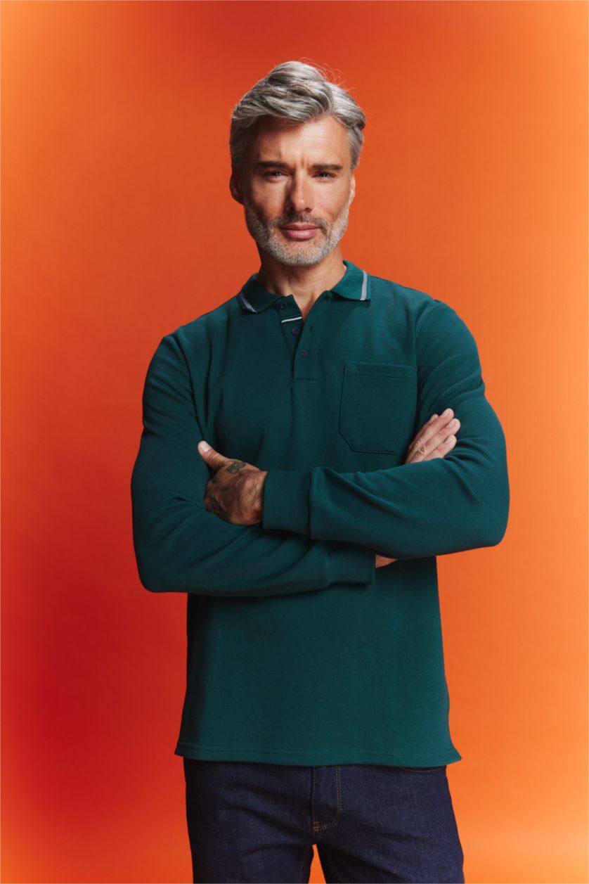 Erkek Koyu Yeşil Regular Fit Polo Yaka Pike Basic Düz Sweatshirt