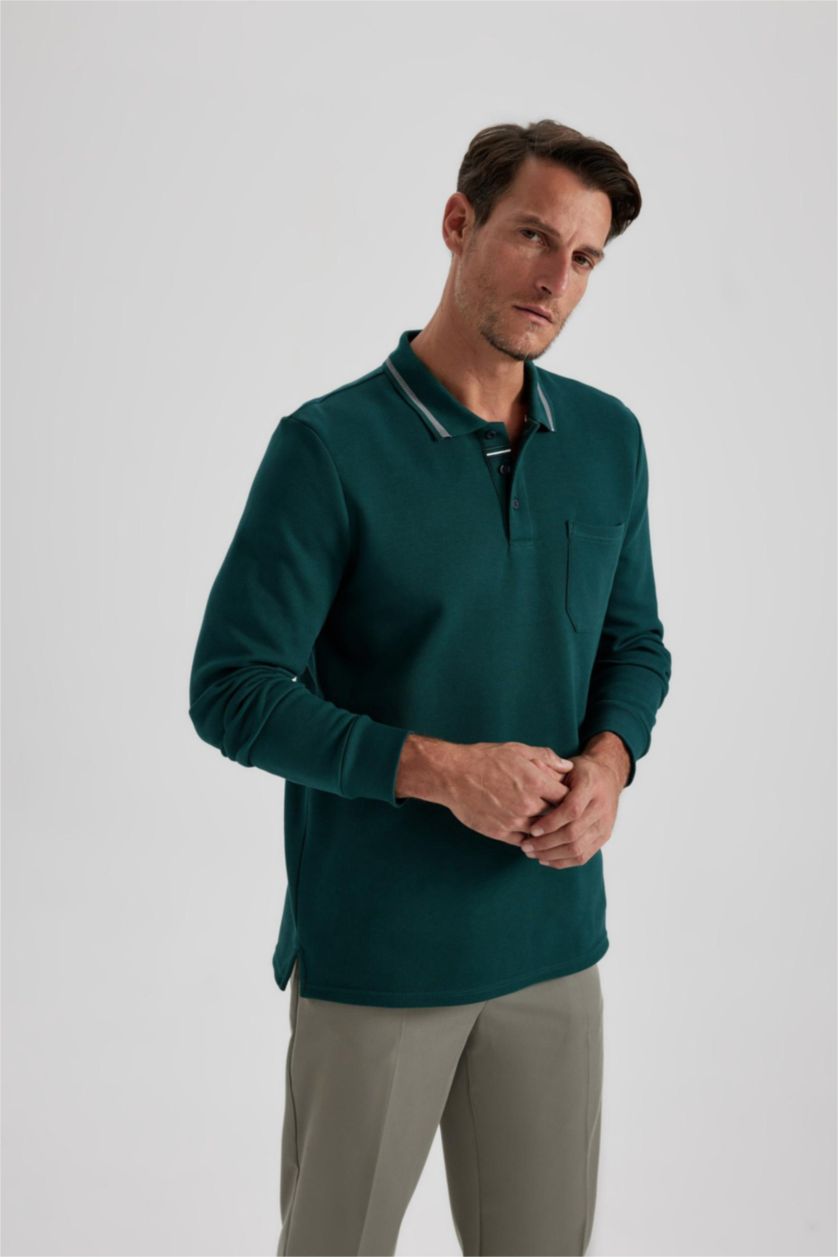 Erkek Koyu Yeşil Regular Fit Polo Yaka Pike Basic Düz Sweatshirt