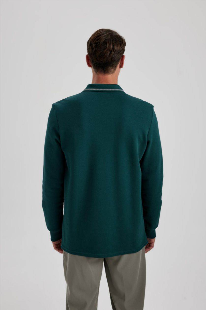 Erkek Koyu Yeşil Regular Fit Polo Yaka Pike Basic Düz Sweatshirt