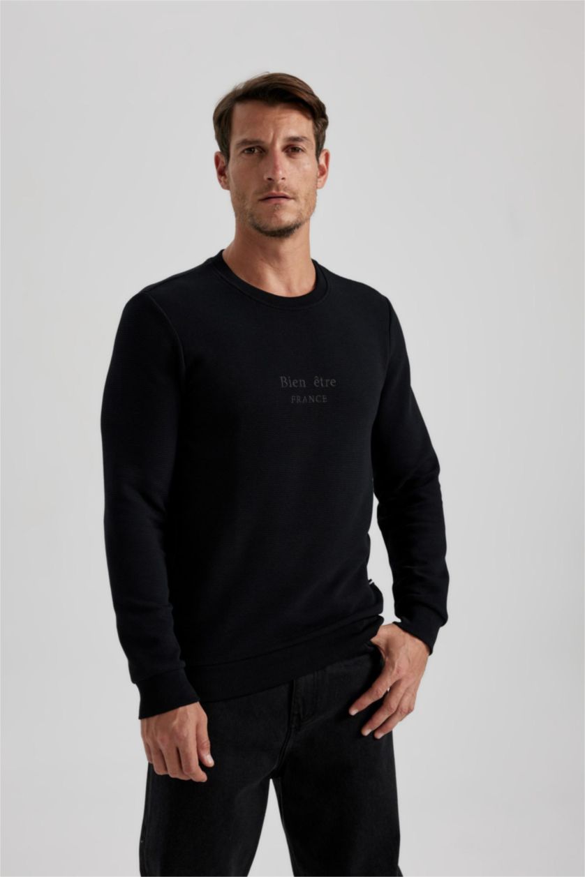 رجالي أسود سويت شيرت قصة عادية برقبة مستديرة