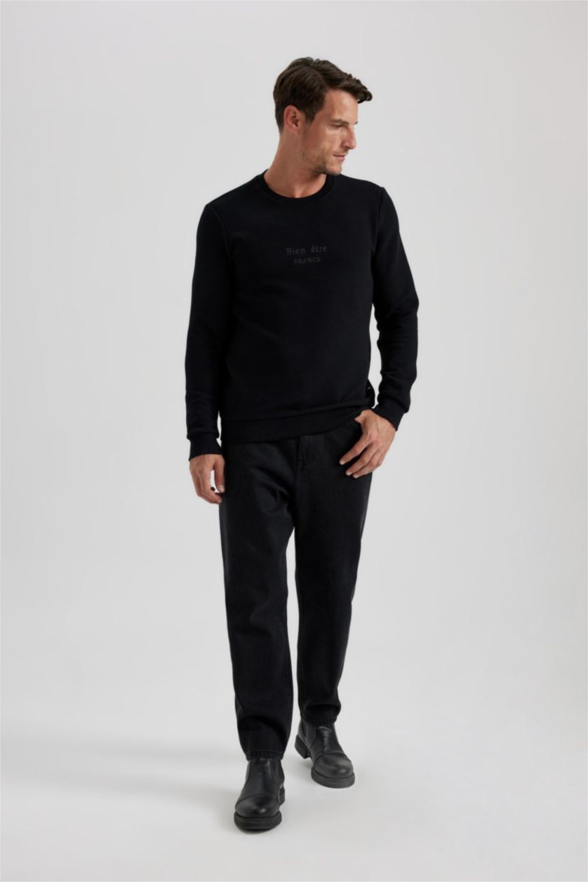 رجالي أسود سويت شيرت قصة عادية برقبة مستديرة