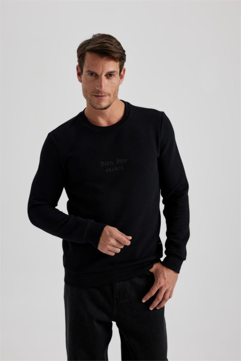 رجالي أسود سويت شيرت قصة عادية برقبة مستديرة