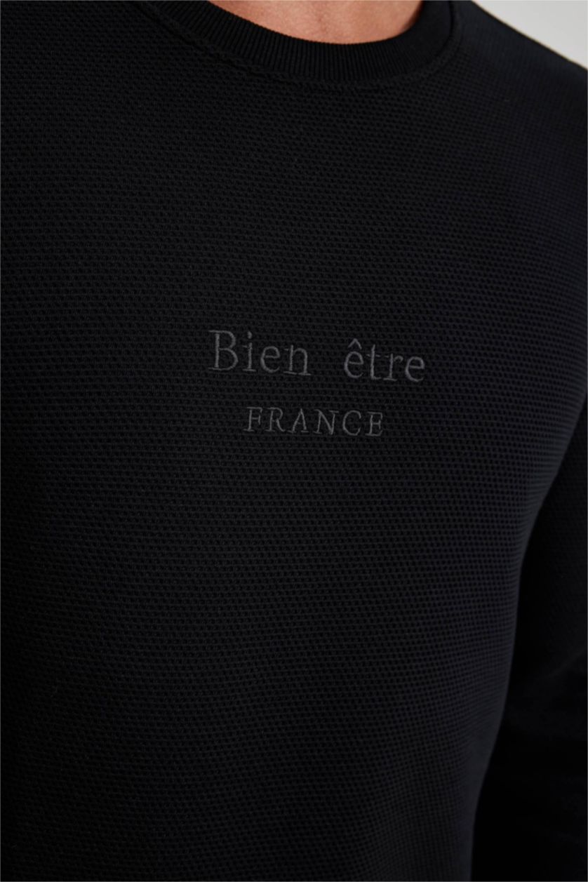 رجالي أسود سويت شيرت قصة عادية برقبة مستديرة