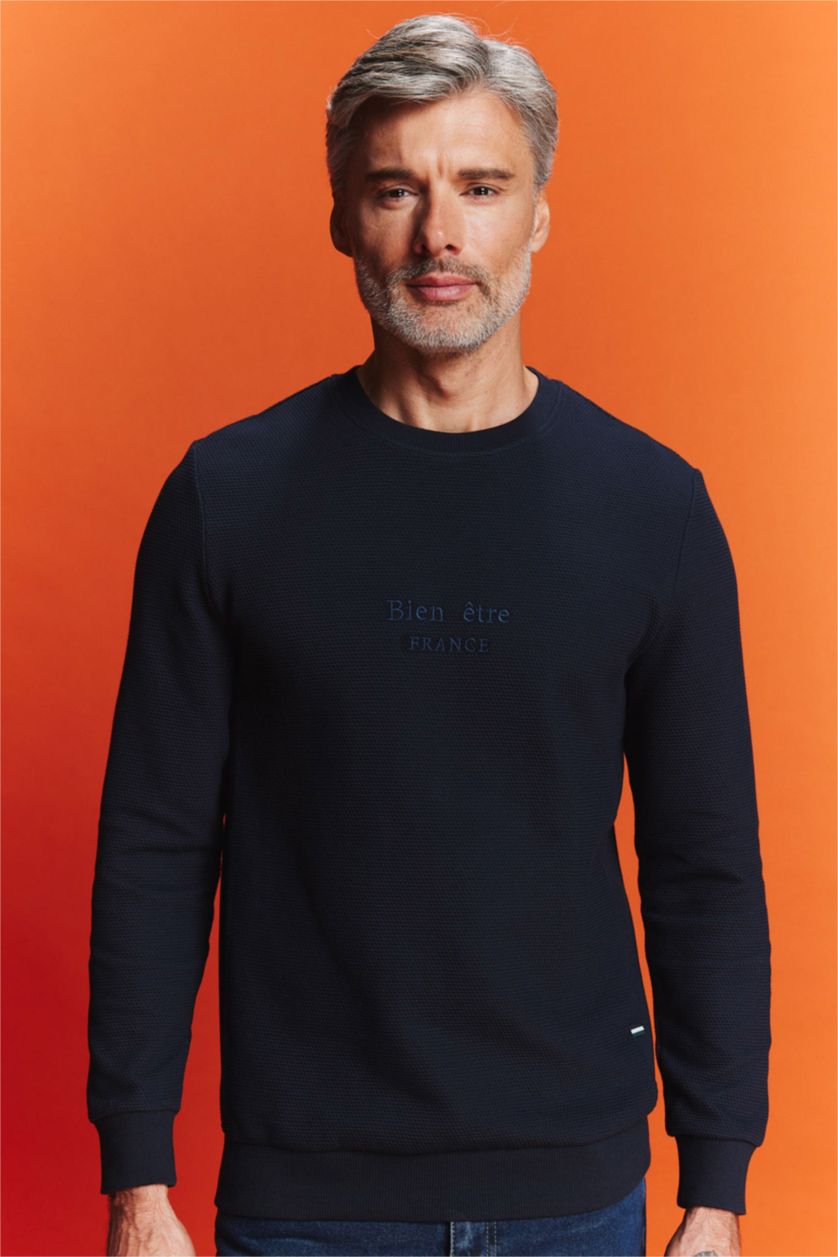 رجالي كحلي سويت شيرت مطبوع قصة عادية برقبة مستديرة