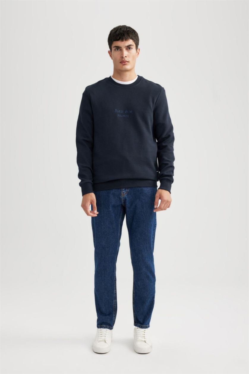 رجالي كحلي سويت شيرت مطبوع قصة عادية برقبة مستديرة