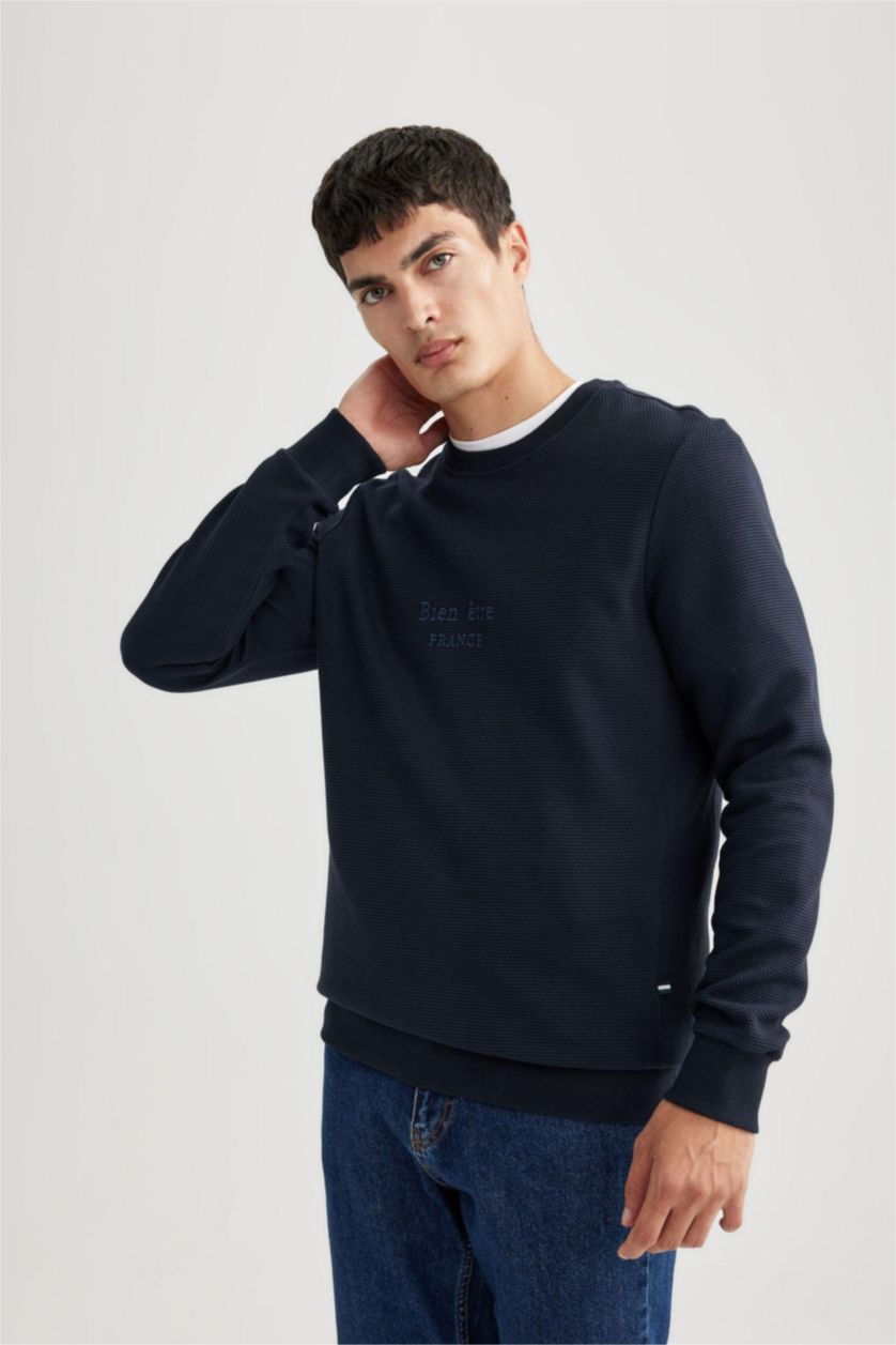 رجالي كحلي سويت شيرت مطبوع قصة عادية برقبة مستديرة