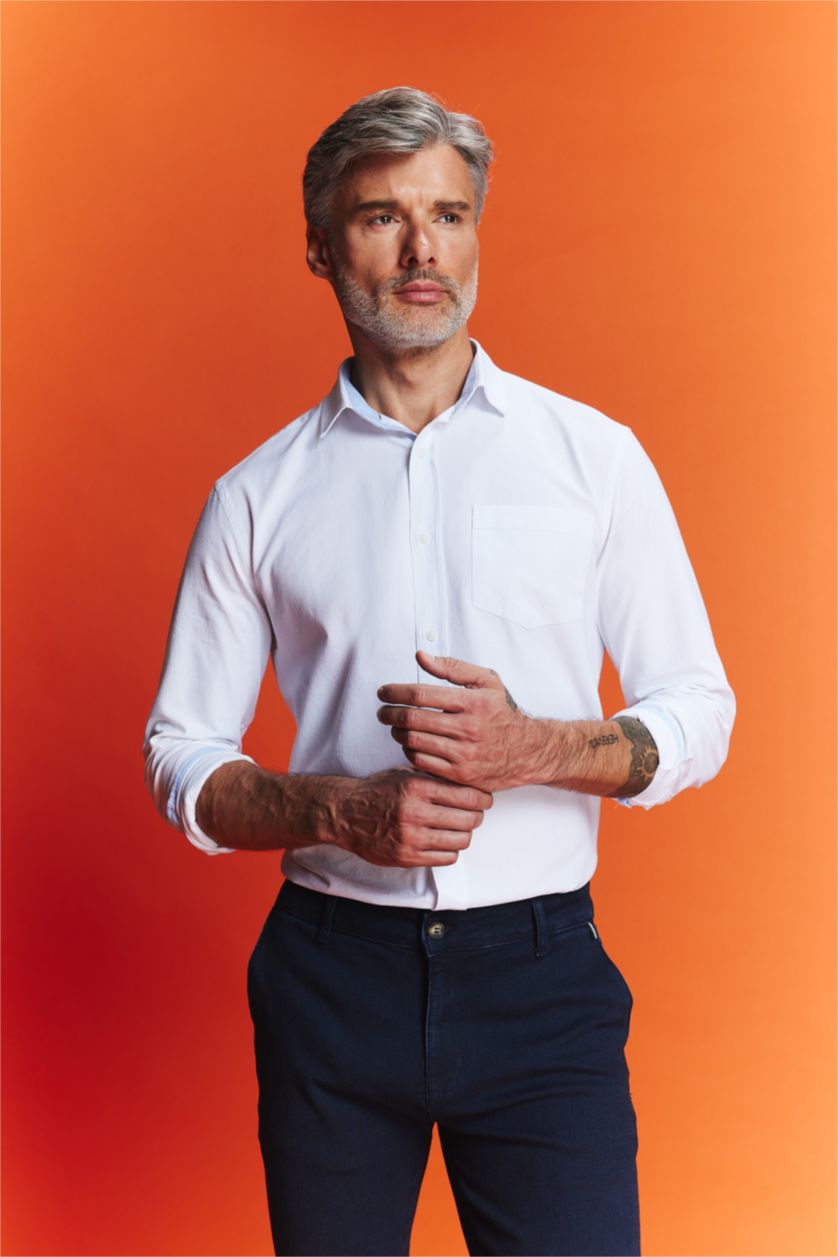 Erkek Green White Regular Fit Oxford Basic Düz Uzun Kollu Beyaz Gömlek