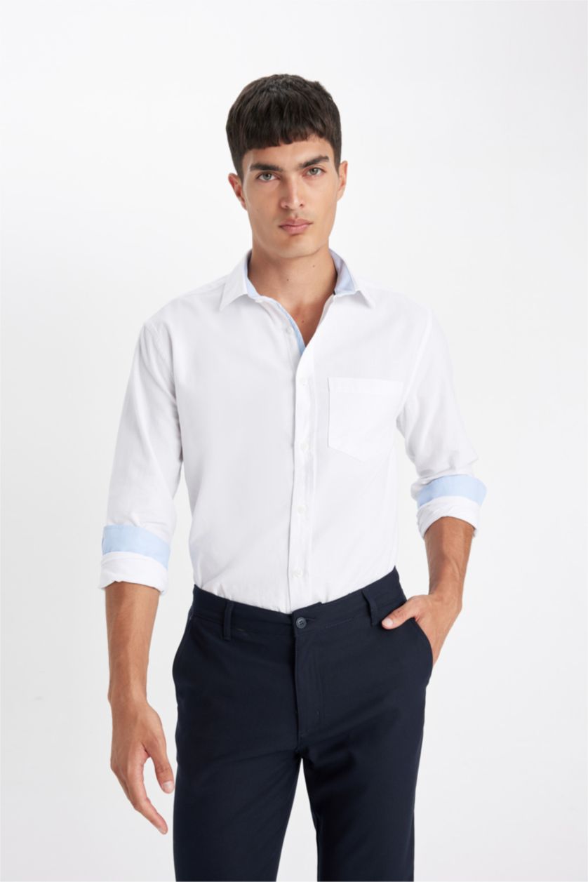 Erkek Green White Regular Fit Oxford Basic Düz Uzun Kollu Beyaz Gömlek