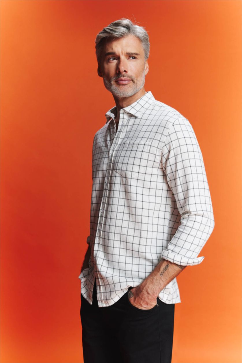 Erkek Ekru Regular Fit Kare Desenli Uzun Kollu Gömlek