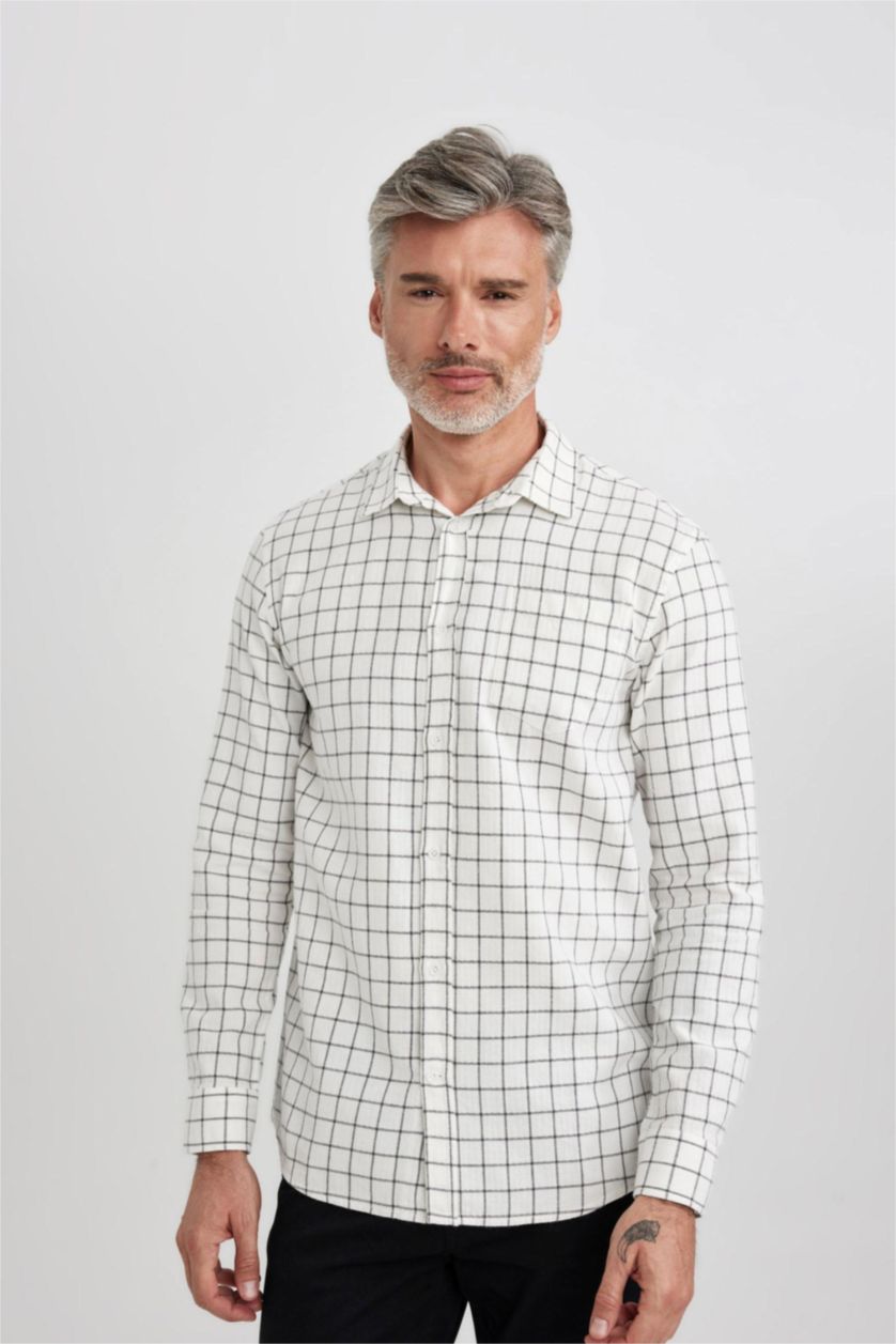 Erkek Ekru Regular Fit Kare Desenli Uzun Kollu Gömlek