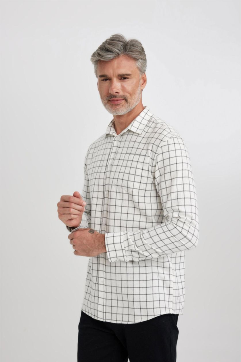 Erkek Ekru Regular Fit Kare Desenli Uzun Kollu Gömlek