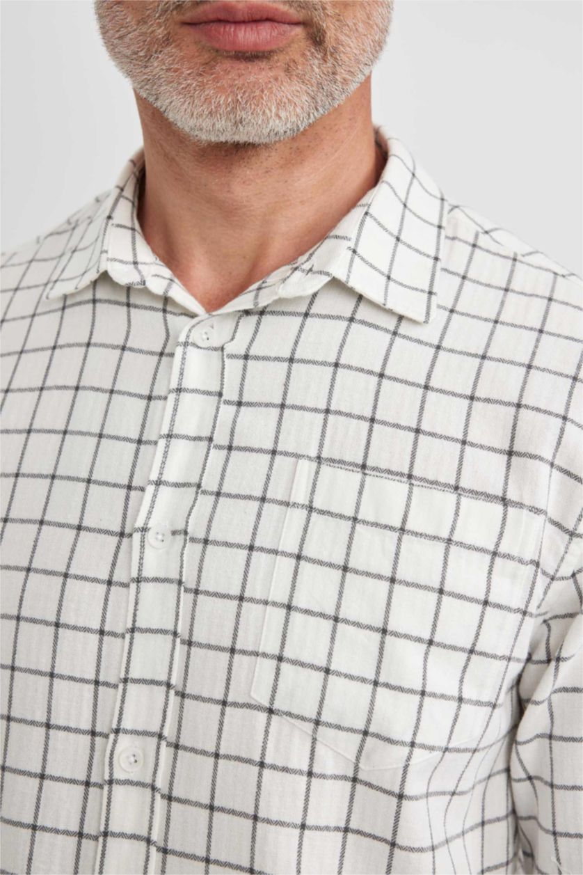 Erkek Ekru Regular Fit Kare Desenli Uzun Kollu Gömlek