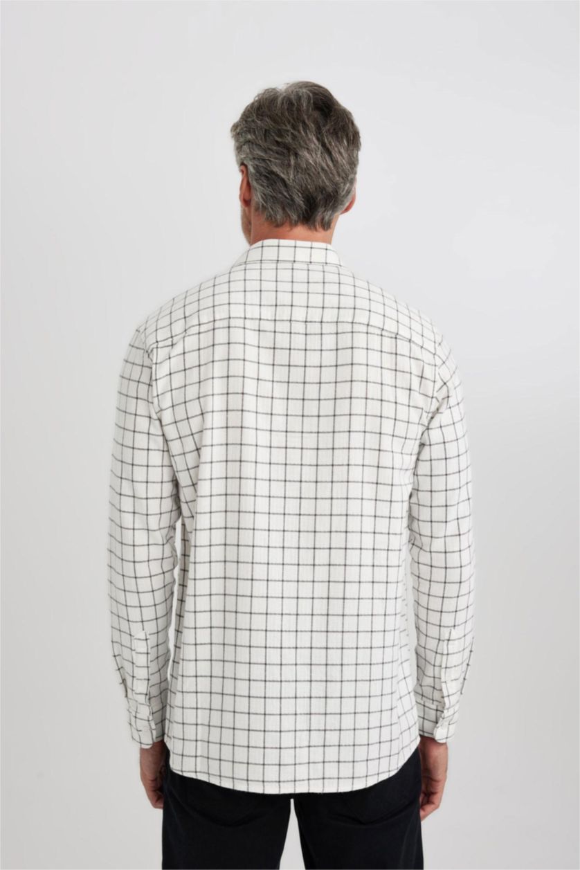 Erkek Ekru Regular Fit Kare Desenli Uzun Kollu Gömlek