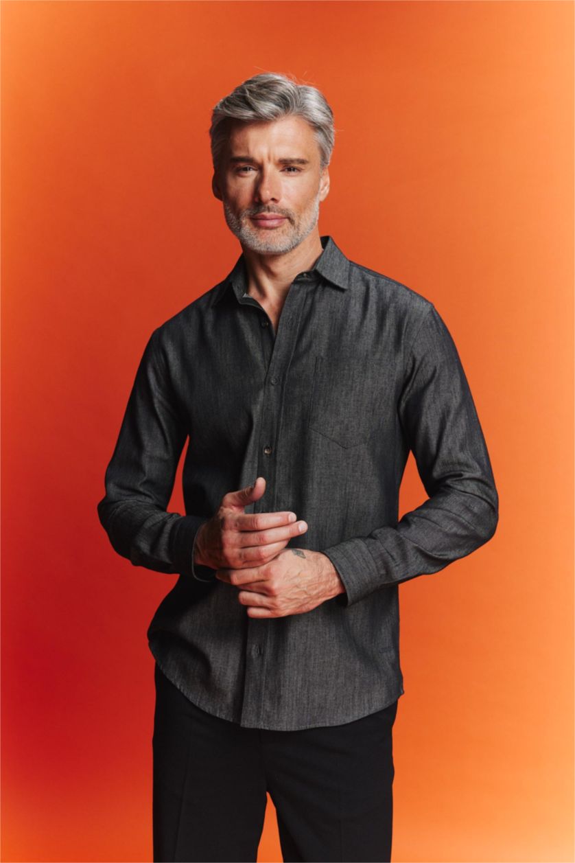 Man Anthracite Regular Fit Shirt Collar Jean Shirt