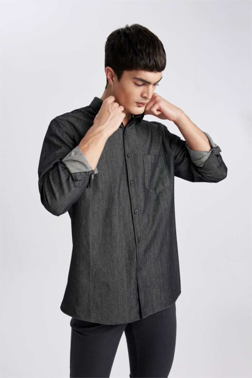 Man Anthracite Regular Fit Shirt Collar Jean Shirt