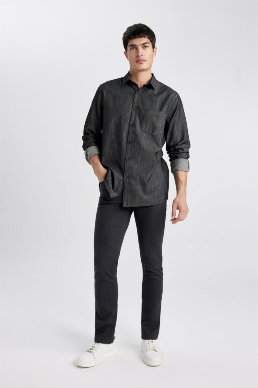 Man Anthracite Regular Fit Shirt Collar Jean Shirt