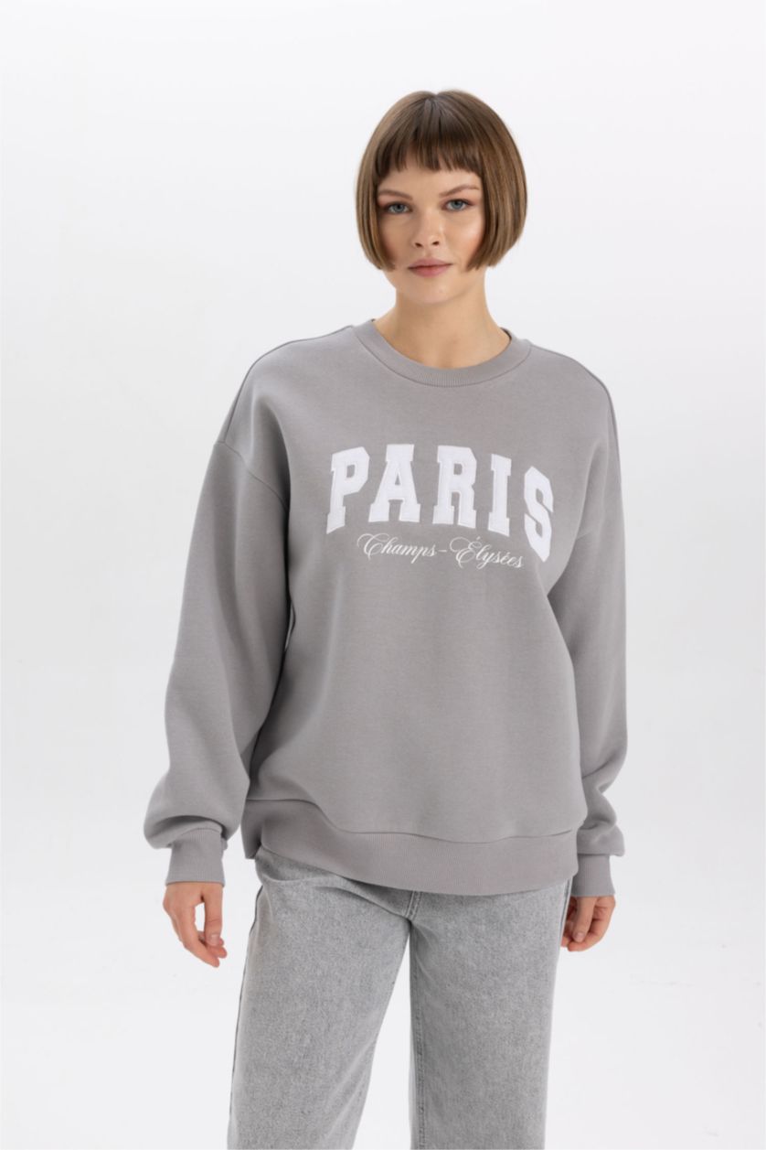WOMAN Grey Relax Fit Crew Neck Printed Thick Fabric Sweatshirt