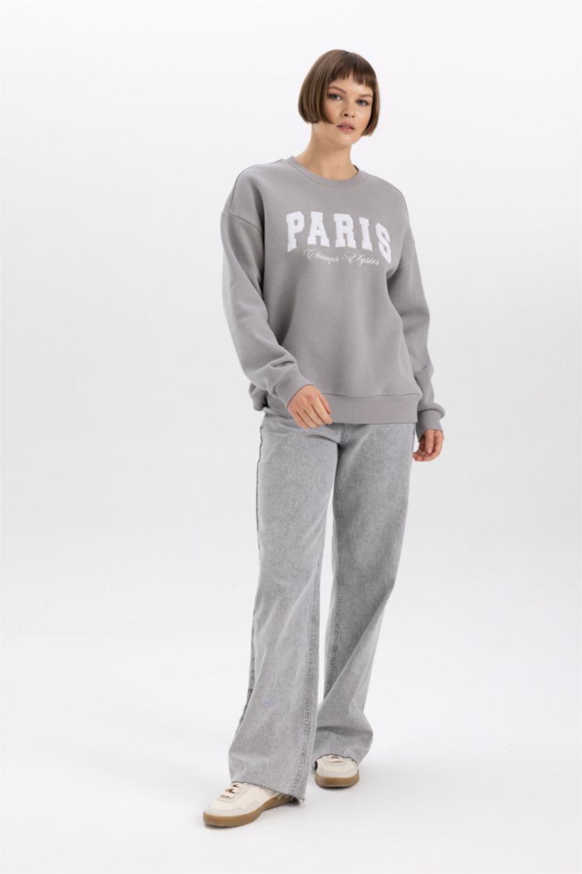 WOMAN Grey Relax Fit Crew Neck Printed Thick Fabric Sweatshirt