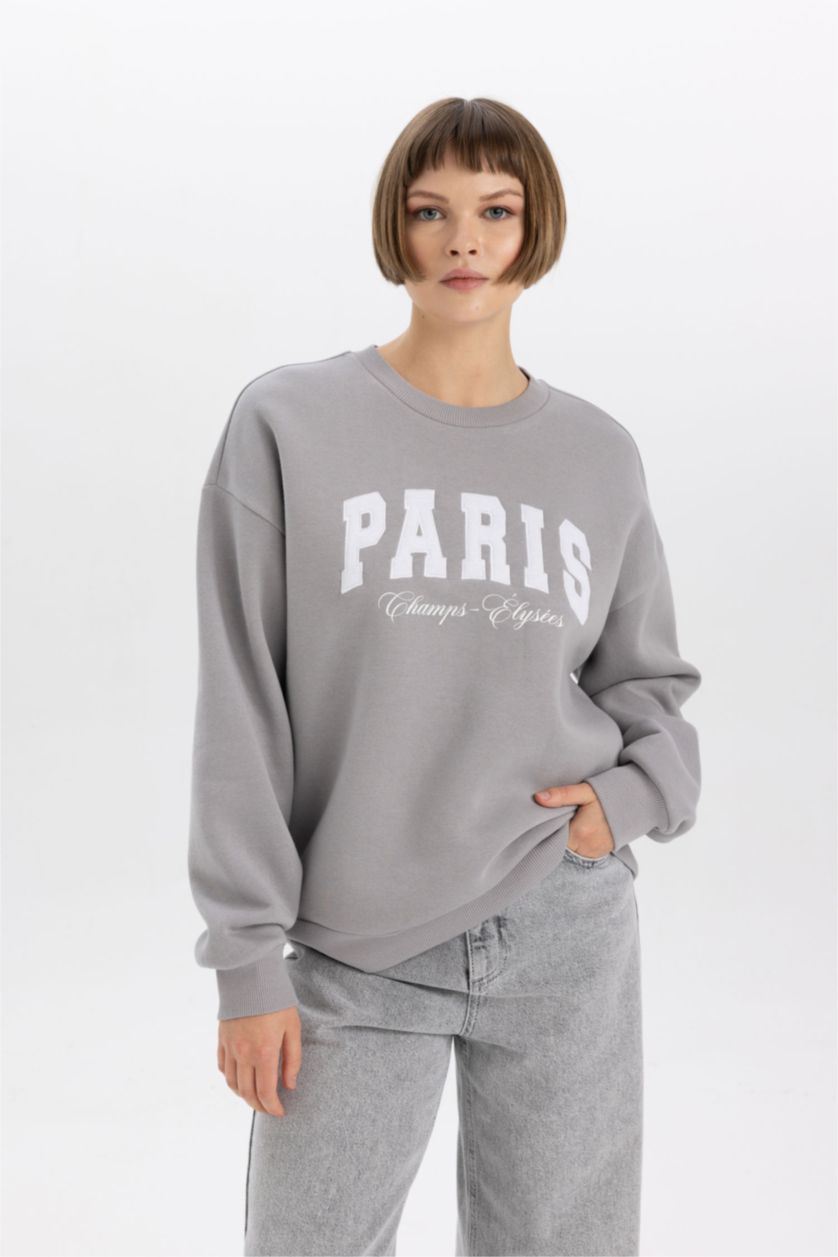WOMAN Grey Relax Fit Crew Neck Printed Thick Fabric Sweatshirt