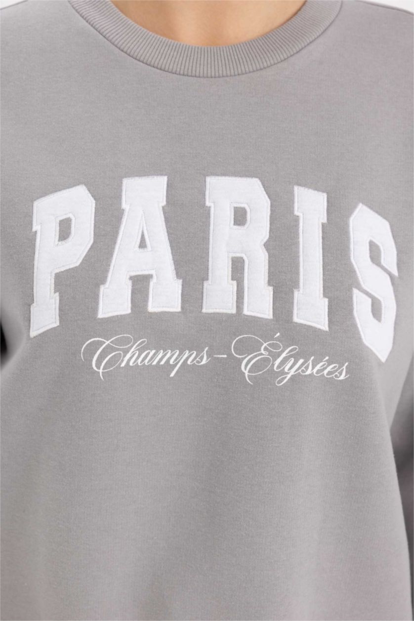 WOMAN Grey Relax Fit Crew Neck Printed Thick Fabric Sweatshirt