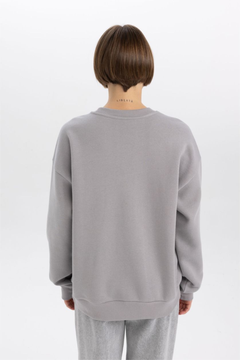 WOMAN Grey Relax Fit Crew Neck Printed Thick Fabric Sweatshirt