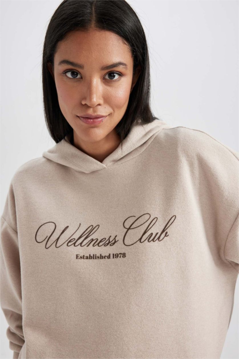 Жіночий Бежевий Світшот свободного крою з капюшоном з принтом слоганом для жінок