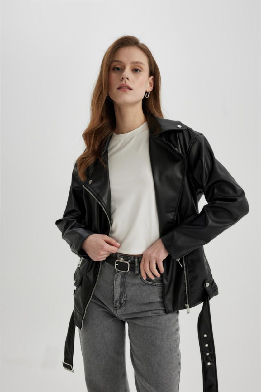 نساء أسود Zipper Faux Leather Jacket