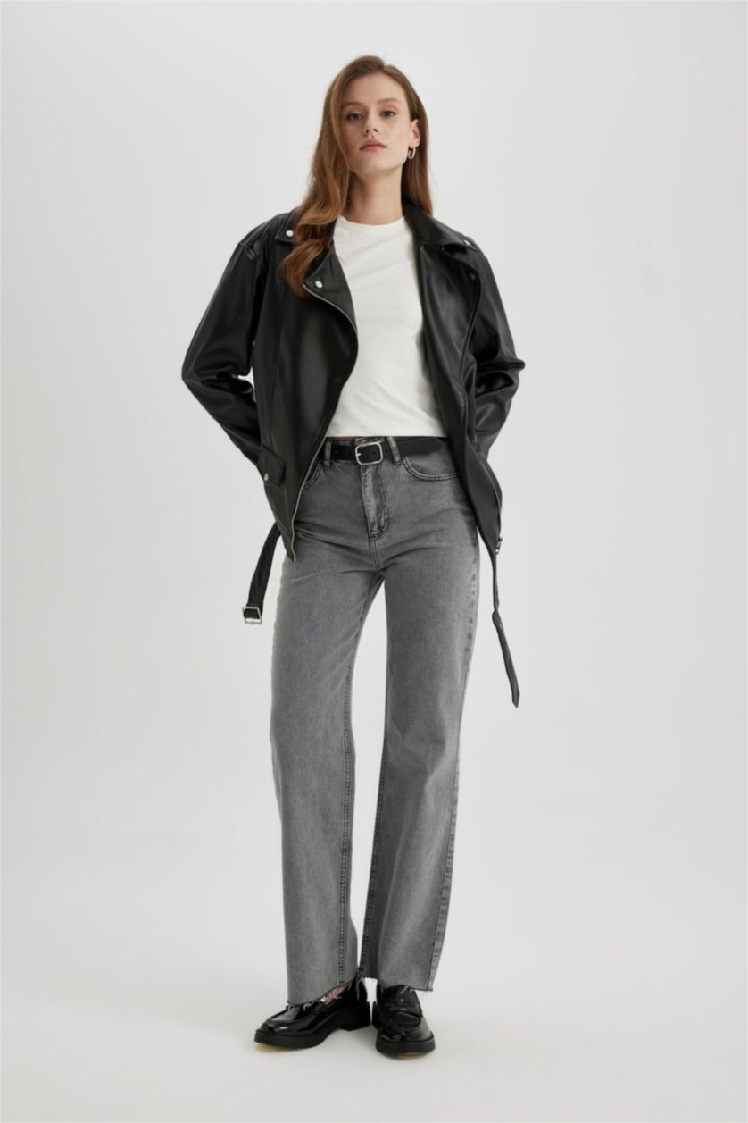 نساء أسود Zipper Faux Leather Jacket