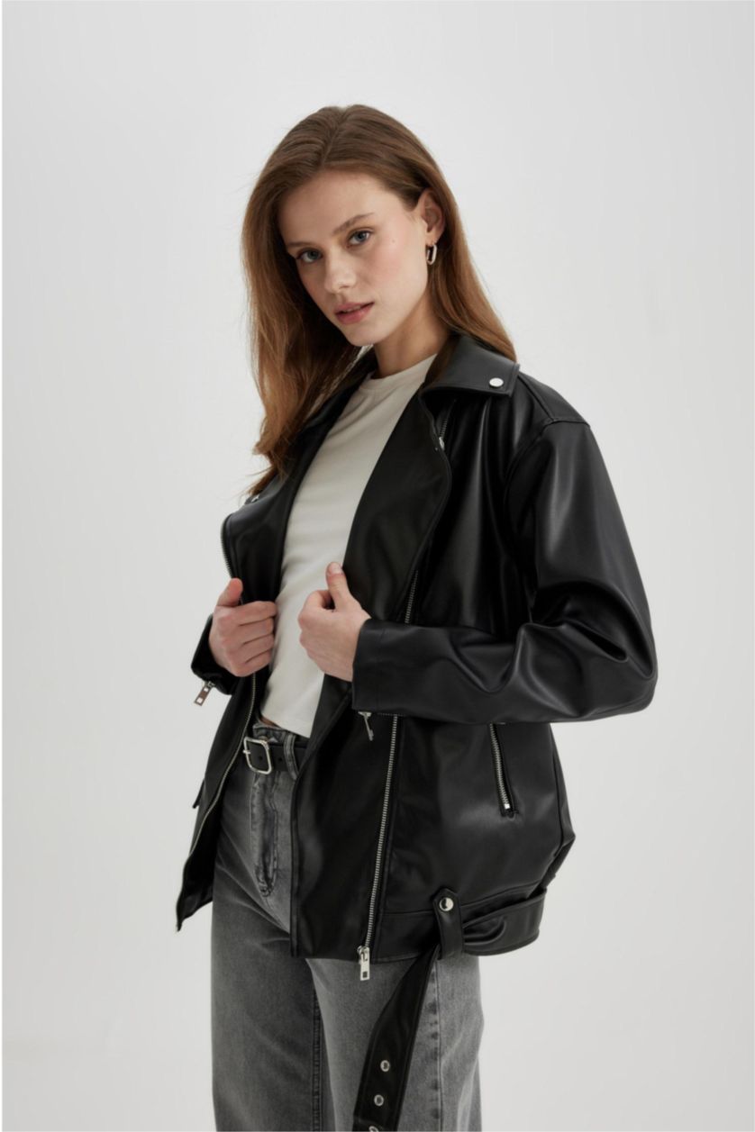 نساء أسود Zipper Faux Leather Jacket