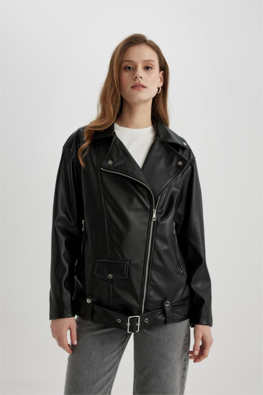 نساء أسود Zipper Faux Leather Jacket