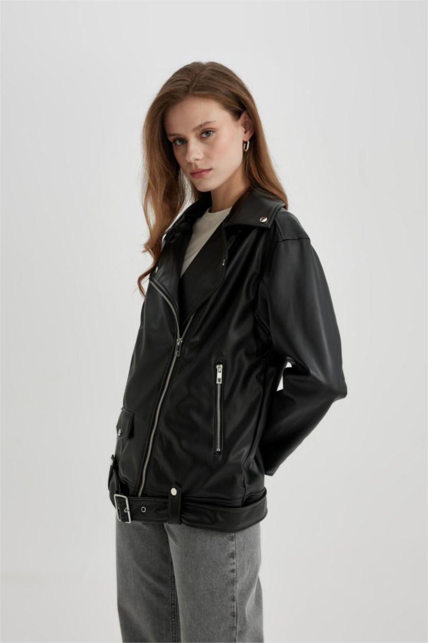 نساء أسود Zipper Faux Leather Jacket