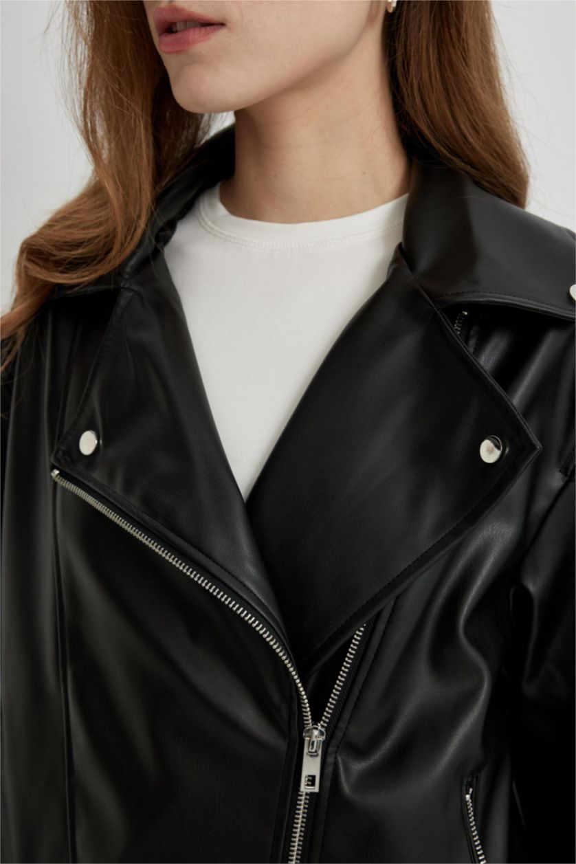 نساء أسود Zipper Faux Leather Jacket
