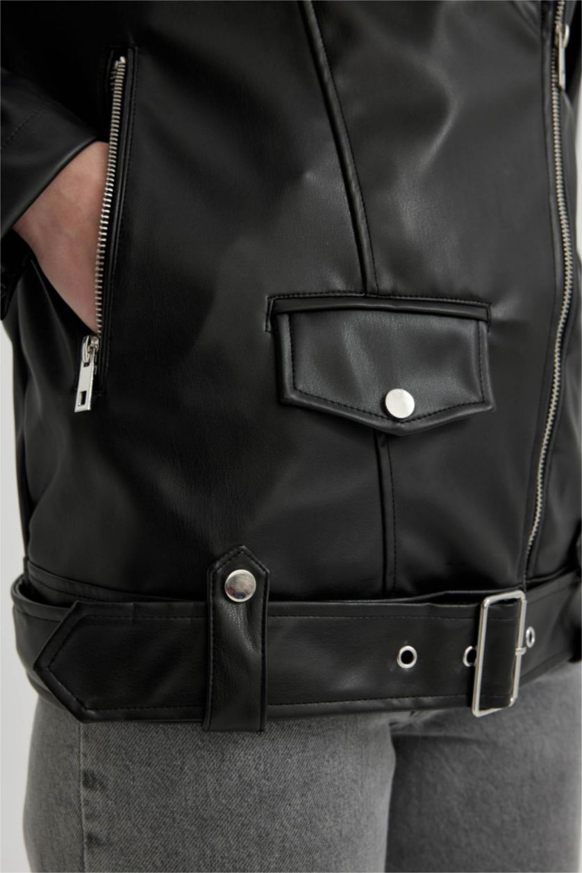 نساء أسود Zipper Faux Leather Jacket