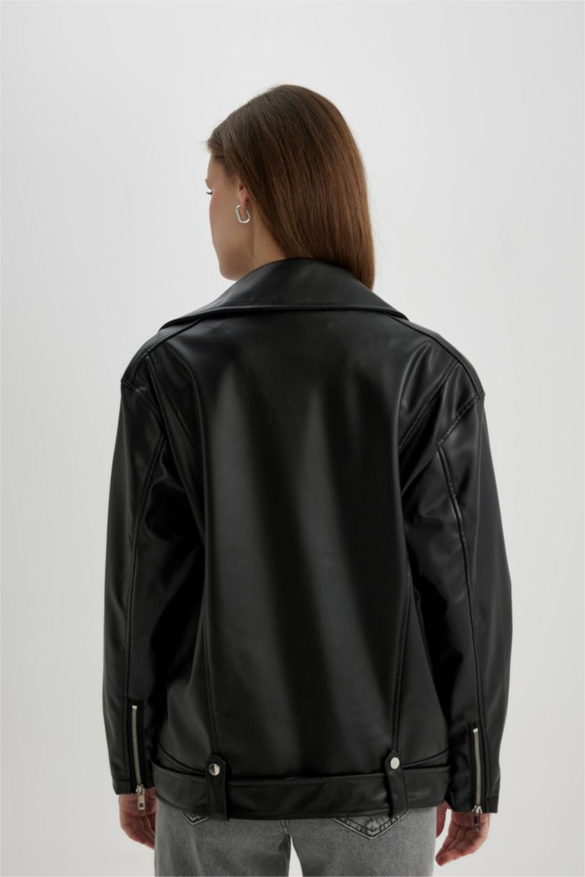 نساء أسود Zipper Faux Leather Jacket