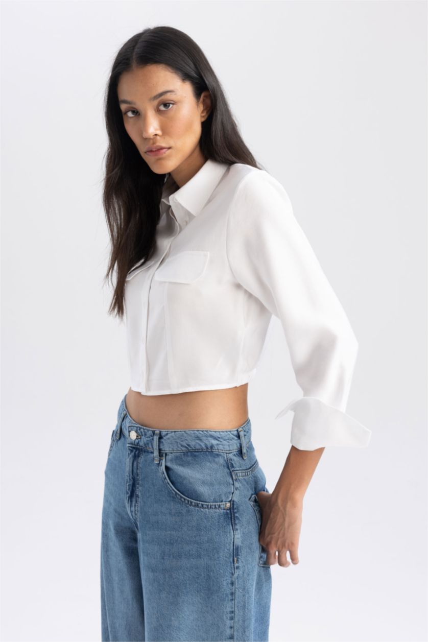 Женская Белый Рубашка с длинным рукавом