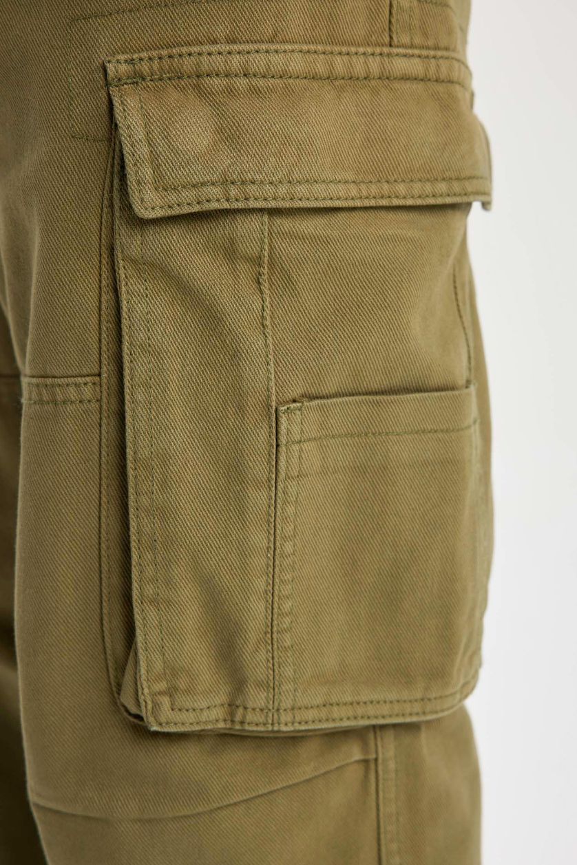 Erkek Haki Pantolon Wide Leg Fit Geniş Kalıp Normal Bel Geniş Paça Kargo Cepli