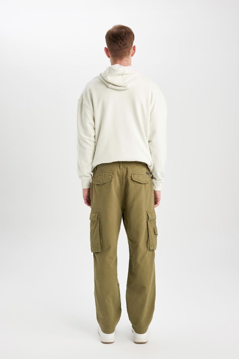 Erkek Haki Pantolon Wide Leg Fit Geniş Kalıp Normal Bel Geniş Paça Kargo Cepli