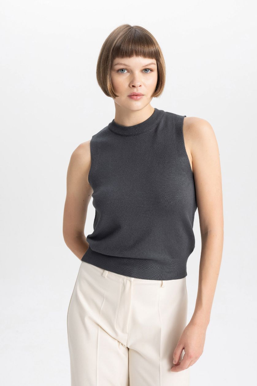 WOMAN Anthracite Regular Fit Crew Neck Sleeveless Tank Top