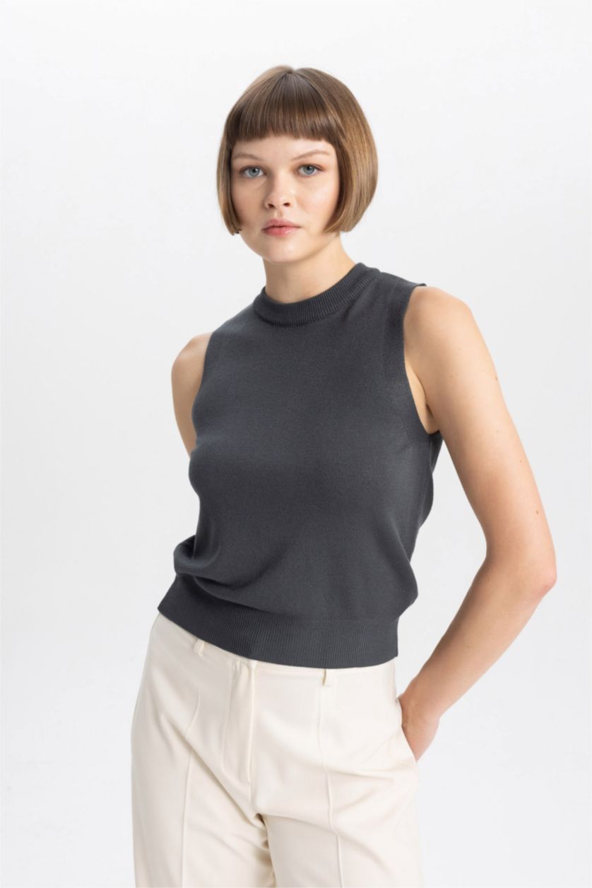 WOMAN Anthracite Regular Fit Crew Neck Sleeveless Tank Top