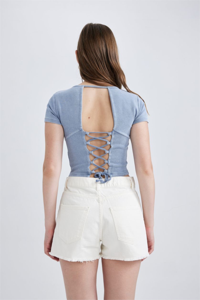 نساء أزرق تيشيرت نص ردن مضلع بتأثير باهت