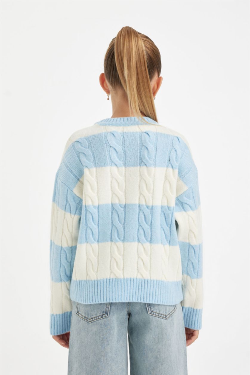 بنات أزرق فاتح بلوفر بناتي تريكو مخطط قصة عادية برقبة مستديرة