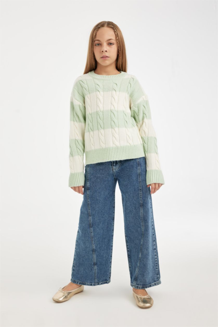 Kız Çocuk - Genç Kız Mint Çizgili Bisiklet Yaka Saç Örgülü Triko Kazak Kız Çocuk