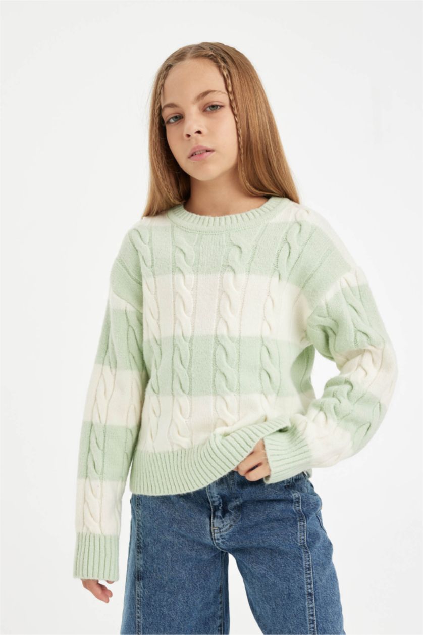 Kız Çocuk - Genç Kız Mint Çizgili Bisiklet Yaka Saç Örgülü Triko Kazak Kız Çocuk