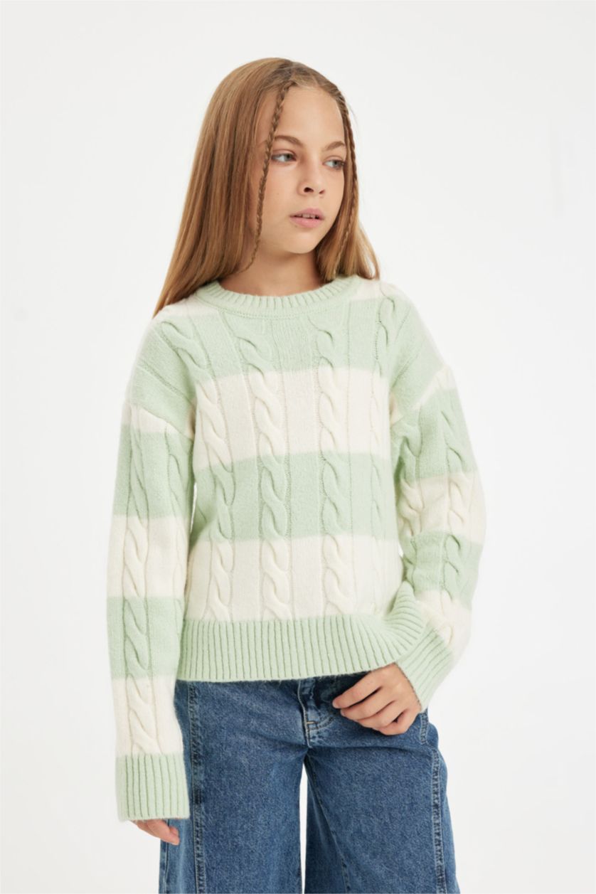 Kız Çocuk - Genç Kız Mint Çizgili Bisiklet Yaka Saç Örgülü Triko Kazak Kız Çocuk