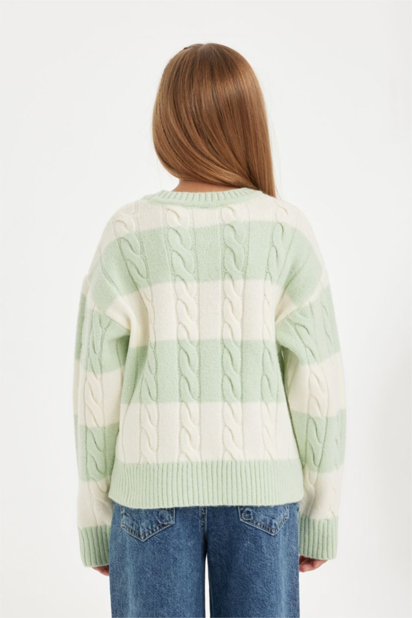 Kız Çocuk - Genç Kız Mint Çizgili Bisiklet Yaka Saç Örgülü Triko Kazak Kız Çocuk