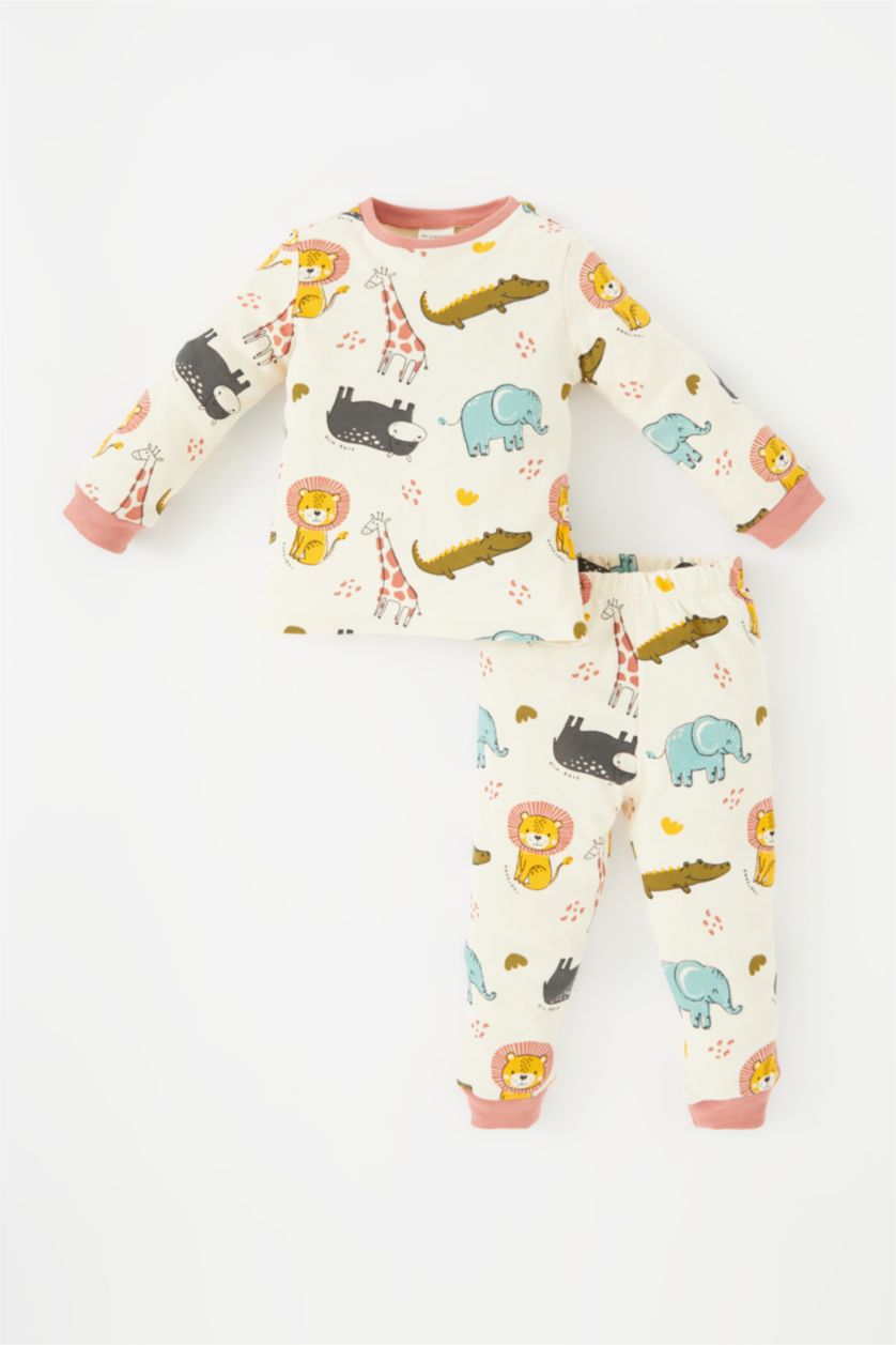 Erkek Bebek Açık Bej Erkek Bebek Pijama Takımı Safari Baskılı Uzun Kollu Üst Uzun Alt