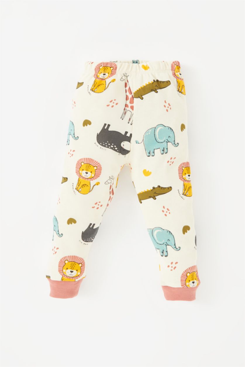 Erkek Bebek Açık Bej Erkek Bebek Pijama Takımı Safari Baskılı Uzun Kollu Üst Uzun Alt