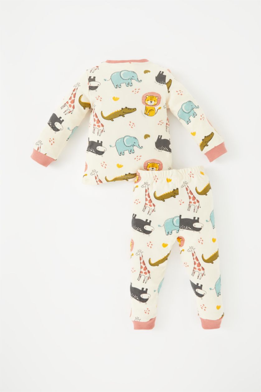 Erkek Bebek Açık Bej Erkek Bebek Pijama Takımı Safari Baskılı Uzun Kollu Üst Uzun Alt
