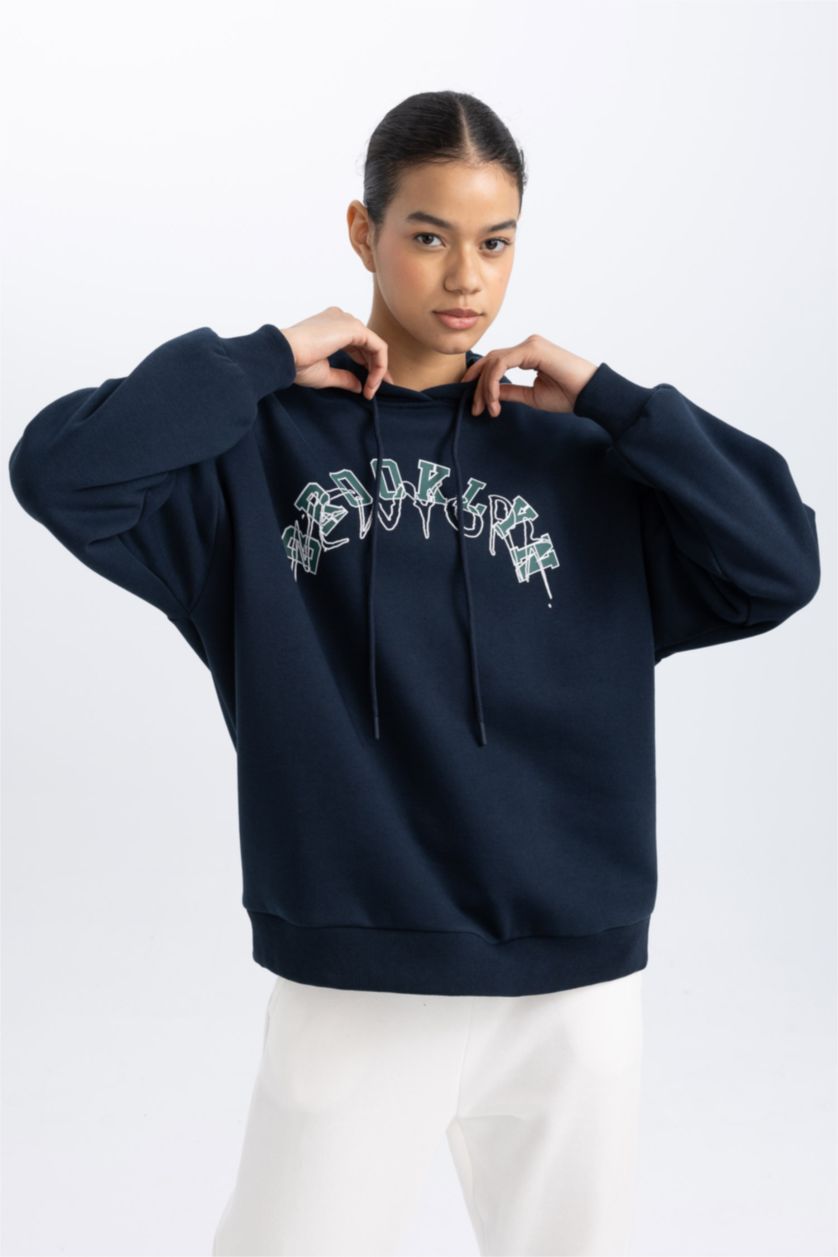Kadın Lacivert DeFactoFit Oversize Fit Baskılı Kapüşonlu Kalın Sporcu Sweatshirt